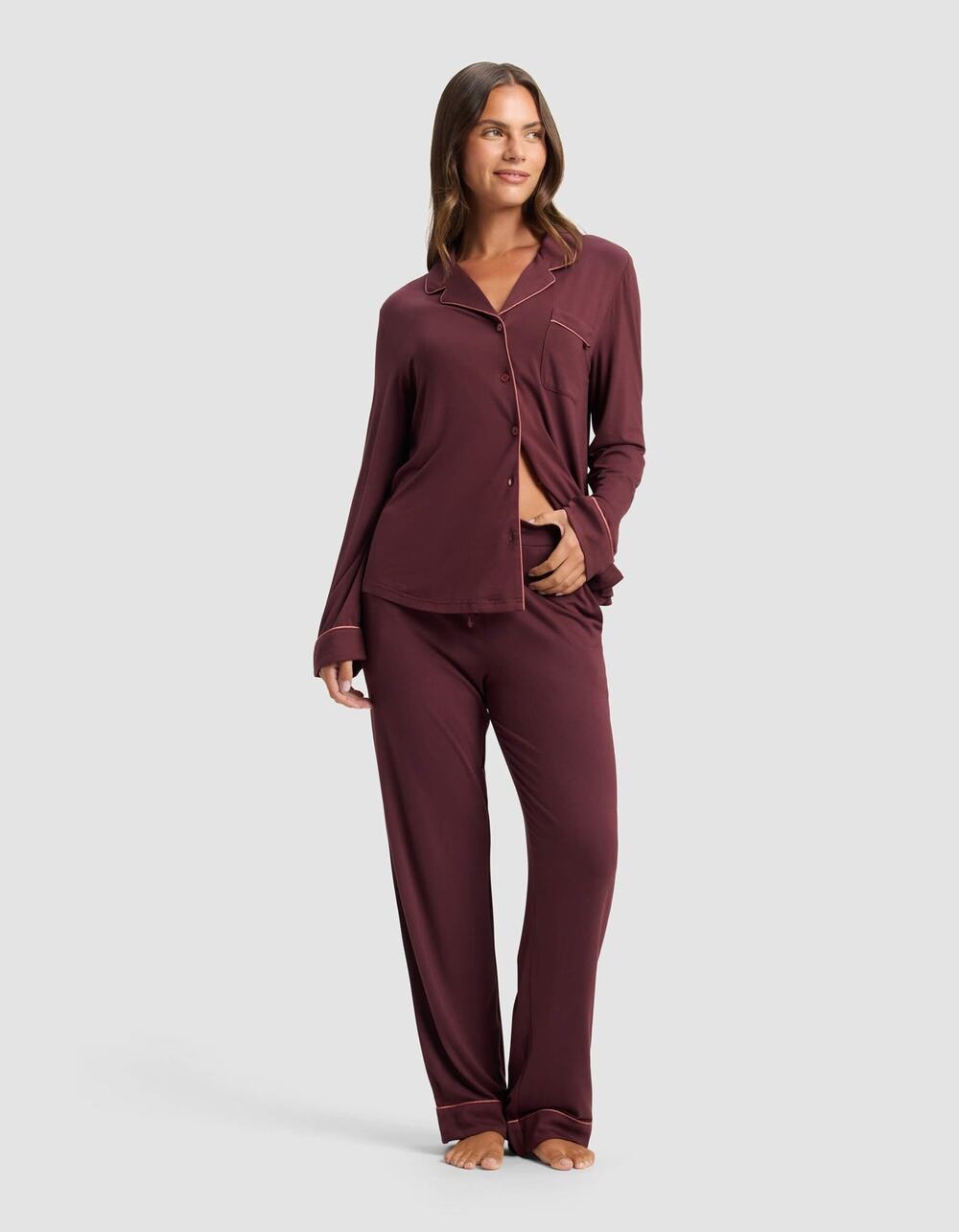 Cozy Earth Bamboo Stretch-Knit Classic Long-Sleeve Pajama Set Burgundy Sz M NWT